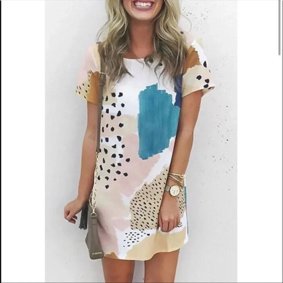Leopard Colorblock Mini Dress | Abstract Print Summer Shift Dress - Picture 1 of 2